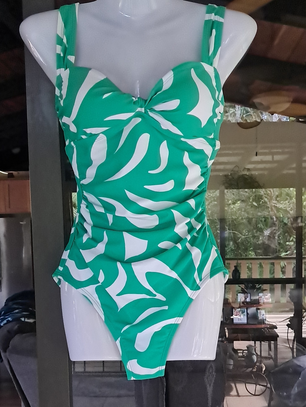 Green and White Patterned Ladie's One-Piece Swimsuit